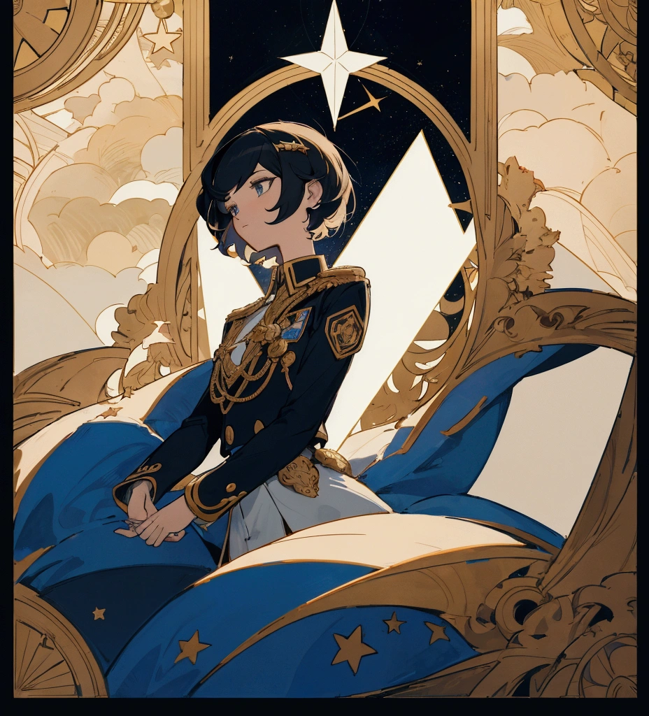 The image is a stylized illustration featuring the silhouette of a character with short hair., looking left. The character appears to be wearing some sort of uniform with visible details such as a collar and what appears to be a badge or emblem on the chest area.. Behind the silhouette, There is an intricate design that resembles a compass or star pattern with multiple points extending outward. The background contains geometric shapes and stars, suggesting a celestial or magical theme. The entire image is framed by an ornate border that adds a decorative touch to the art..