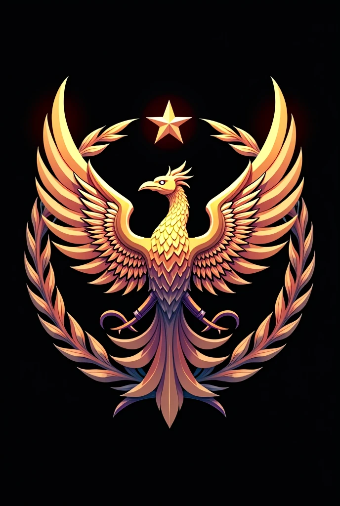Neo-imperial style Aerospace Force crest insignia, HD art,HD vector, Vector Illustration. Military Insignia .Black background. Plain background. Vector PNG. Flying Phoenix Mascot. Phoenix Motif. Stylized phoenix.Air and space force emblem. High quality Crest.With Laurel Wreath. Intricate designs