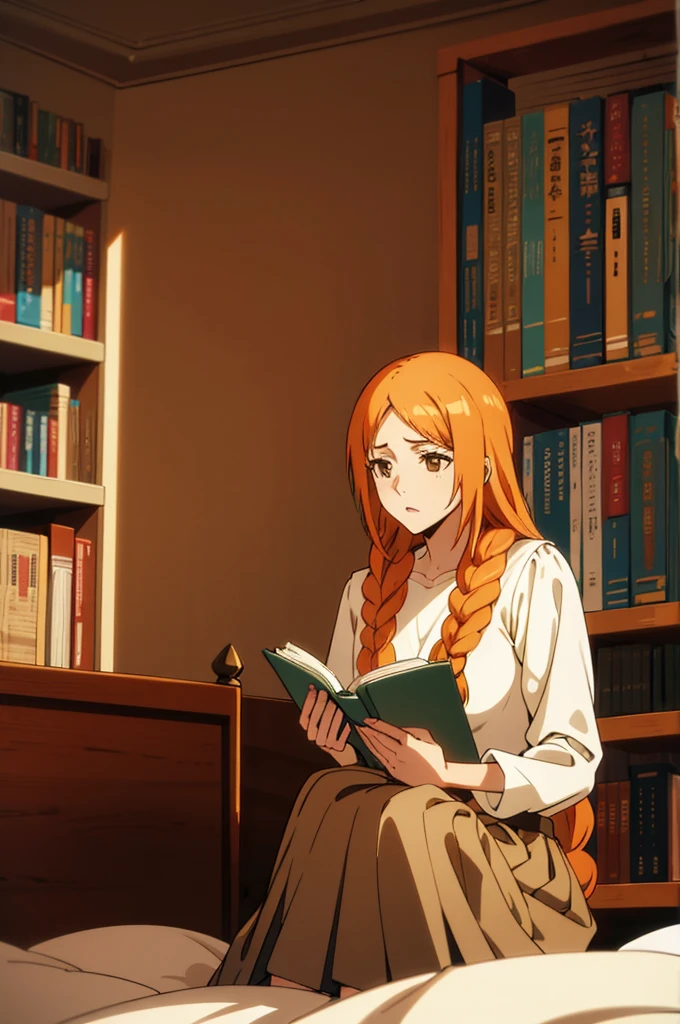 high quality, digital art, Grainne (fate), 1girl, mature woman, pensive, light orange hair, small breasts, long hair, bangs covering forehead, braid, modern blouse, pleated skirt, sitting on bed, reading, bedroom, night, shelves, books,