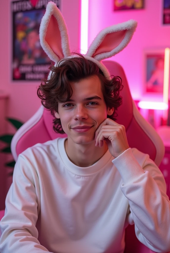 A British boy named Harry Styles with curly hair, like a teenager wearing a white baggy sweatshirt, bunny ears headband, sitting in a pink gaming chair, beautiful smile, tender expression, hand on his face background setup gamer, pink walls room, pink neon lights, posters, dark environment, pink color palette, realistic style photography, portrait