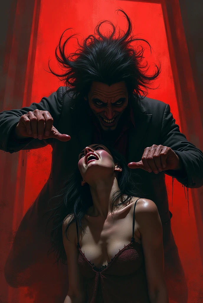 
create an image of maniac trying to hurt woman red and black image