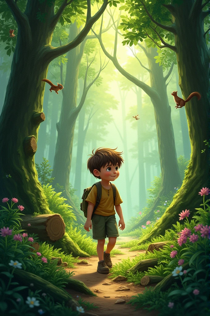 A boy is walking between the forest