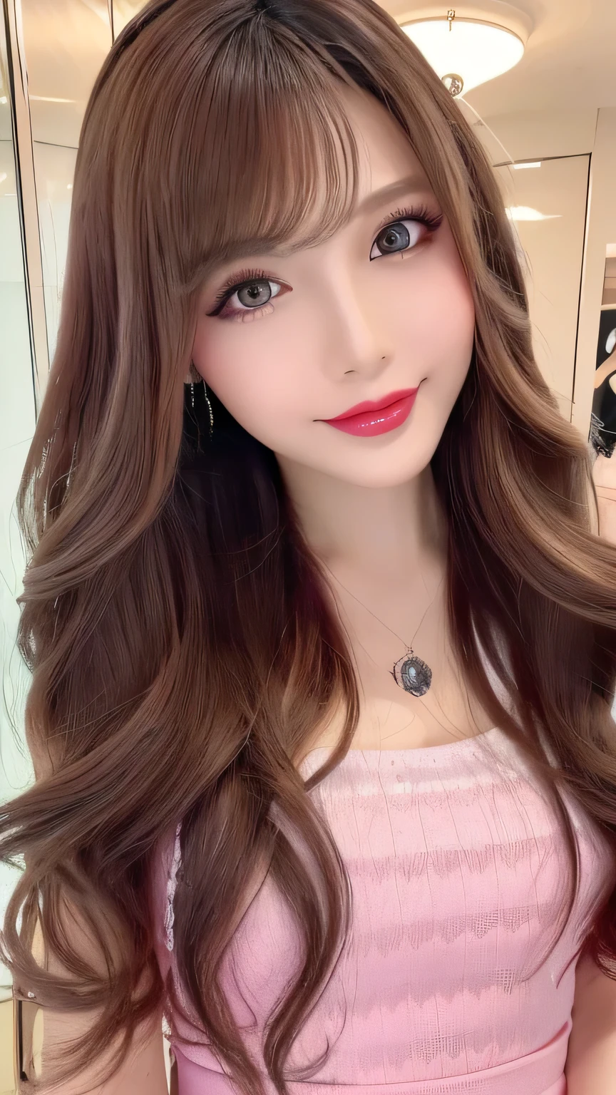 ((Highest quality, Ultra-high resolution、The most complex and detailed depiction))、(Bright lighting:1.1)、(Beautiful woman:1.1)、(Long Wavy Hair:1.05), (Accurate anatomy:1.1)、Colored contact lenses、Perfect Makeup、Pink lipstick、Highly saturated eyeshadow、Shiny metallic bodycon、Blurred Background, Look at me and smile、Luxurious Room、(Ultra-high resolution gloss, Fair skin:1.1)、Ultra-high resolutionの顔、Ultra-high resolutionの髪、Ultra-high resolution sparkling eyes、Ultra-high resolution glossy lips、Beautiful face drawn in every detail、Ultra-high resolution perfect beautiful teeth、(Bright and vivid:1.1), whole body, Beautiful legs in every detail