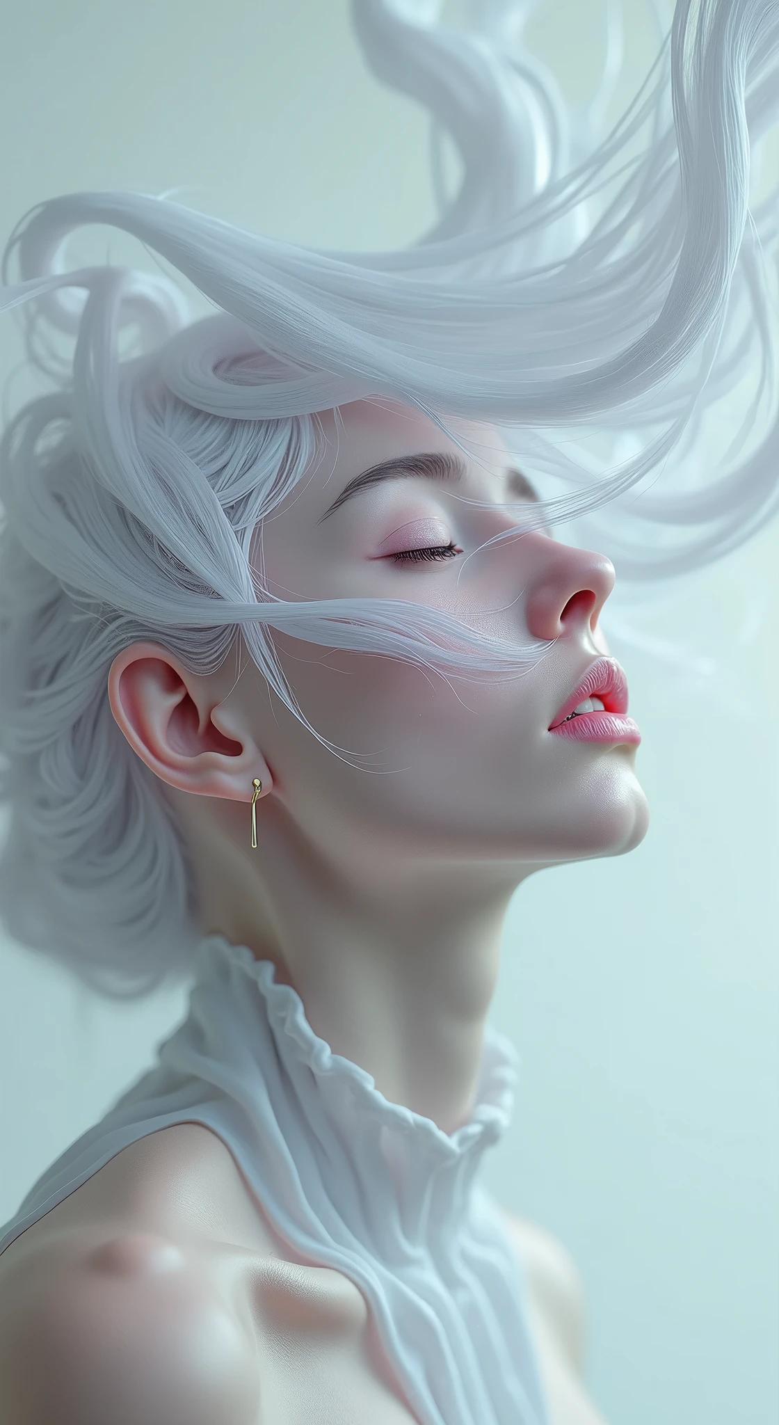 depict a surreal portrait of a woman, her head dramatically titled back against a stark white background, her hair and features should be exaggerated with smooth, flowing lines and her skin should have an ethereal glow, use a palette of pastel shades to create a serene and otherworldly atmosphere, photorealistic, 4K UHD, rich detailing --ar 9:16 --style raw --v 6.1