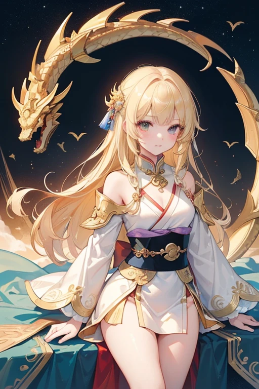 ((masterpiece、highest quality、highest quality、An illustration、Intricate details))、girl 、Outdoor、Ride the Dragon、golden knight、Golden Dragon、Final Fantasy、Long blonde、peace、Golden Aura、Beauty、Adult、Open chest、Bare thighs、Cape、pterosaur、Healing、blue sky、Long-sleeved kimono
