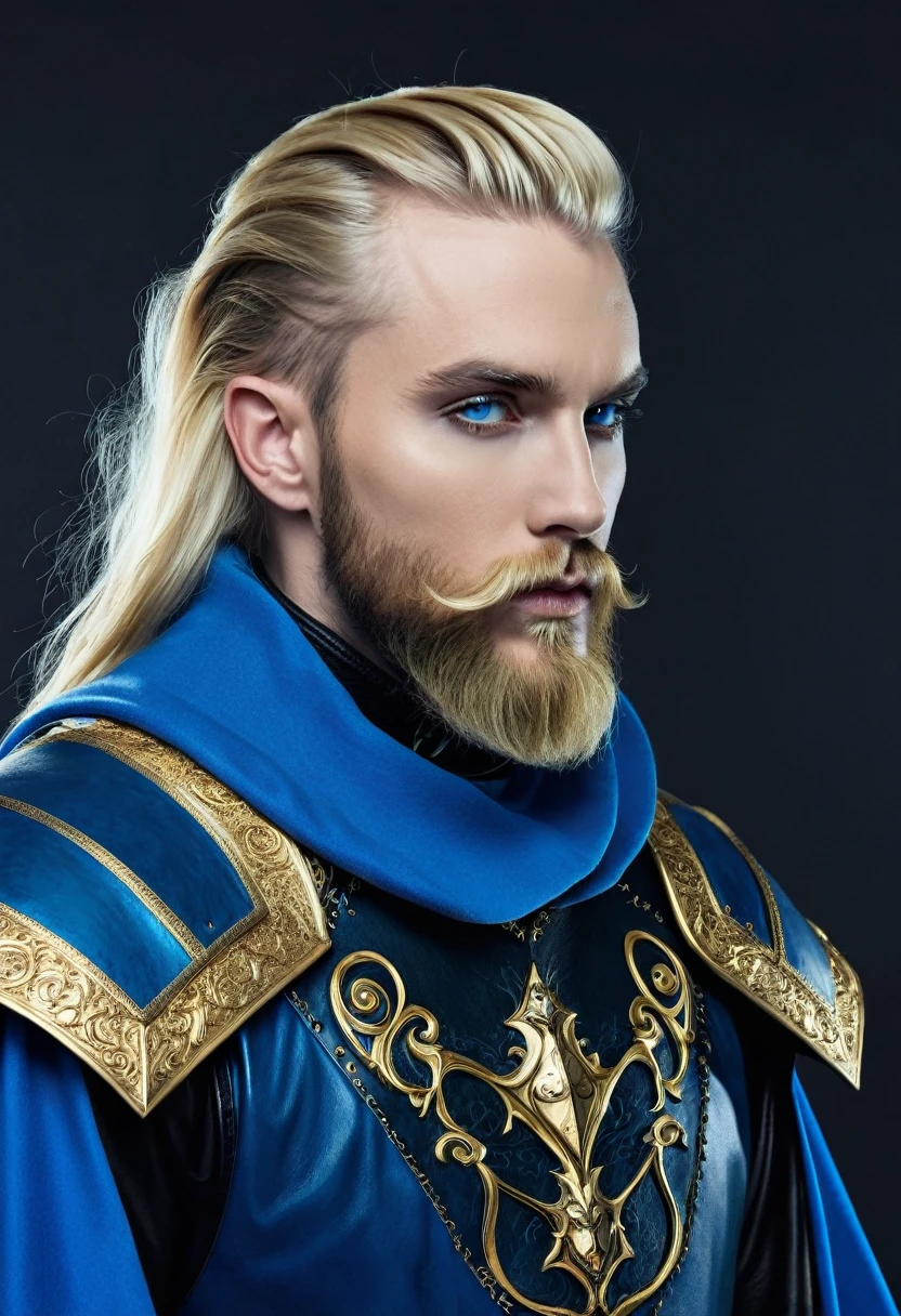 cineastic foto of A fantasy wizard in a . 3 blonde hair sidecut goaty beard wearing blue robes with golden embodyments, black leather armour collar and a blue pointy head. consumet and corupprted by dark powers