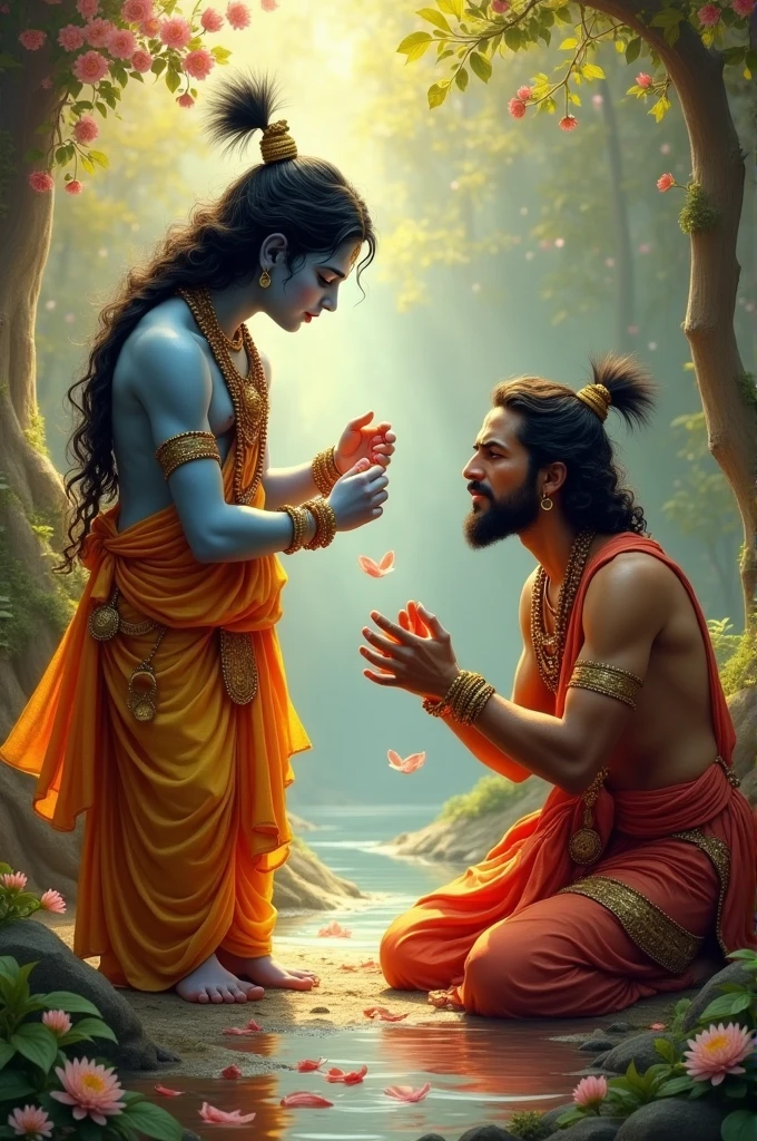 Lord krishna giving blessings to a person who is angry at him
