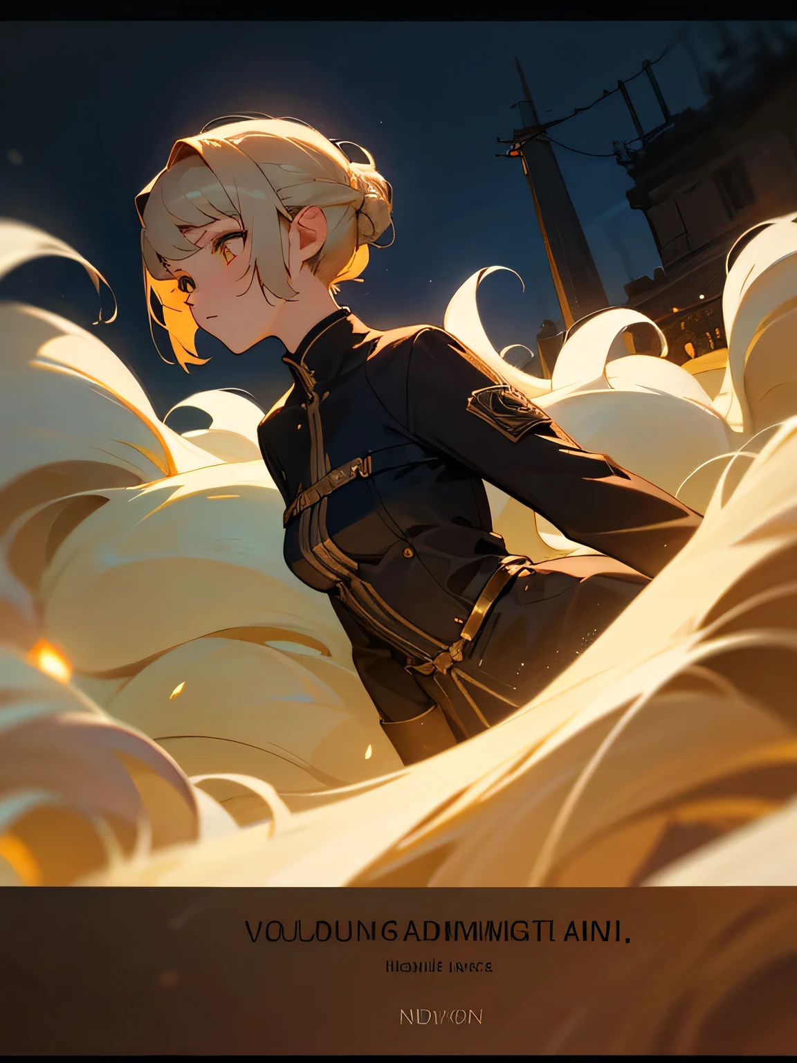 {Voluminous updo|Natural Waves|ADF|Pixie Cut}, View your audience, (Cinematic:0.7), Written boundary depth,
masterpiece, Highest quality, exterior, At night, (Foreground text:1.3),
ivory hair, Golden Eyes,