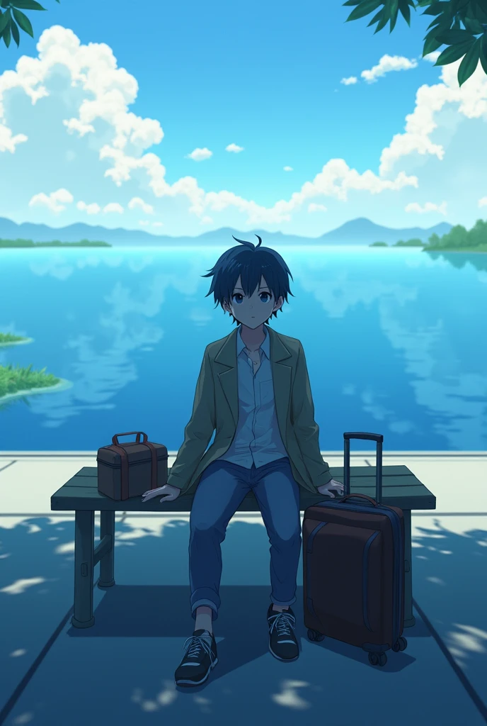 anime boy sitting on a bench with a suitcase and a bag, makoto shinkai cyril rolando, 4 k manga wallpaper, makoto shinkai!, in style of makoto shinkai, makoto shinkai!!, ultra hd anime wallpaper, 4k anime wallpaper, makoto shinkai style, wallpaper anime blue water, anime art wallpaper 8 k