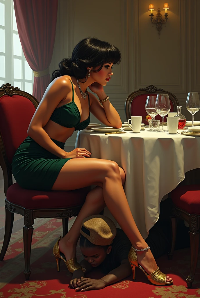An angry, domineering white woman with a well-proportioned body, wearing a dark green miniskirt, jewelry, a hat, and gold platform sandals, sits and eats calmly while watching a panhandler kiss her feet under the table.
The black-skinned beggar woman, dressed in dirty clothes, lying on the floor, kisses the white woman's feet.
in the background an elegant restaurant.