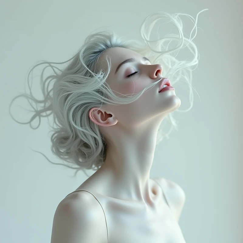 depict a surreal portrait of a woman, her head dramatically titled back against a stark white background, her hair and features should be exaggerated with smooth, flowing lines and her skin should have an ethereal glow, use a palette of pastel shades to create a serene and otherworldly atmosphere, photorealistic, 4K UHD, rich detailing --ar 9:16 --style raw --v 6.1