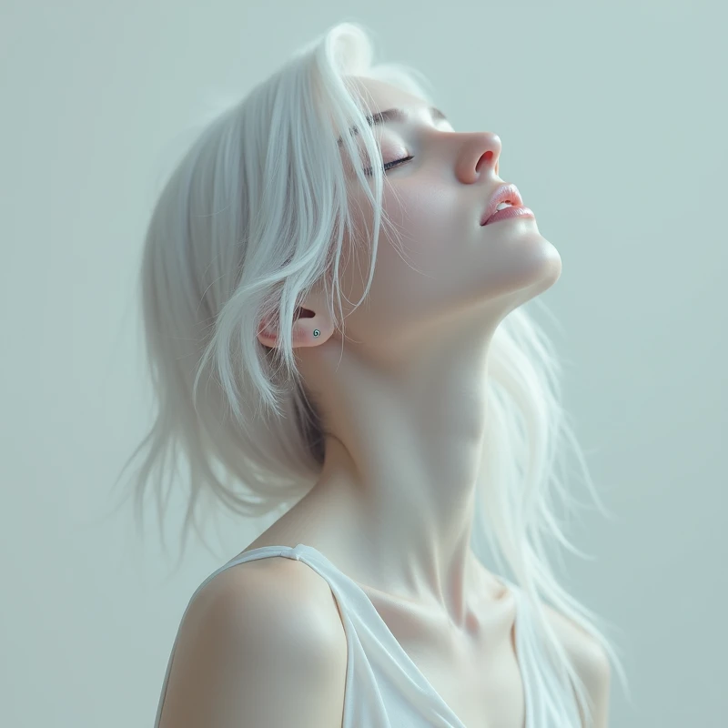 depict a surreal portrait of a woman, her head dramatically titled back against a stark white background, her hair and features should be exaggerated with smooth, flowing lines and her skin should have an ethereal glow, use a palette of pastel shades to create a serene and otherworldly atmosphere, photorealistic, 4K UHD, rich detailing --ar 9:16 --style raw --v 6.1