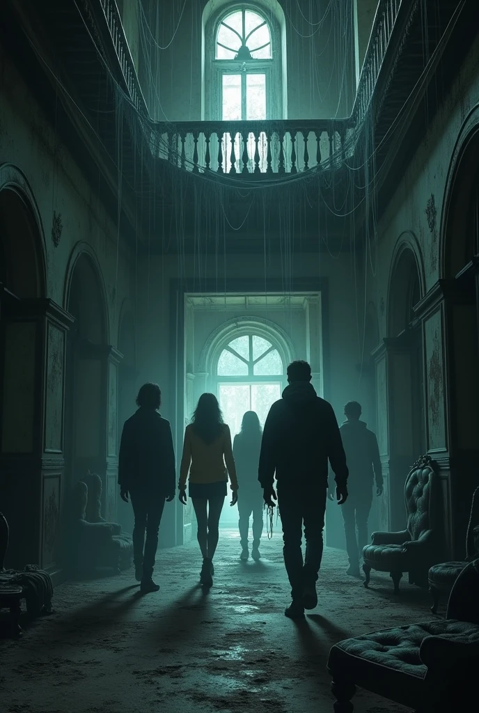 Inside the Haunted Mansion**: - The friends enter the mansion, revealing a dark and dusty interior. -Spider webs hang from the ceiling, and old, broken furniture is scattered around. - The air is filled with a strange, musty smell, and there is a sense of foreboding as they explore the mansion.