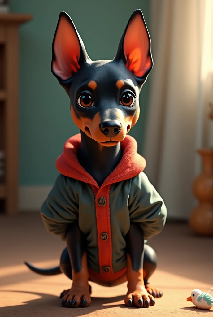 Concept Art、Digital artwork、An illustration、Matte Paint、Very detailed cute Baby Doberman in clothes Standing on hind legs