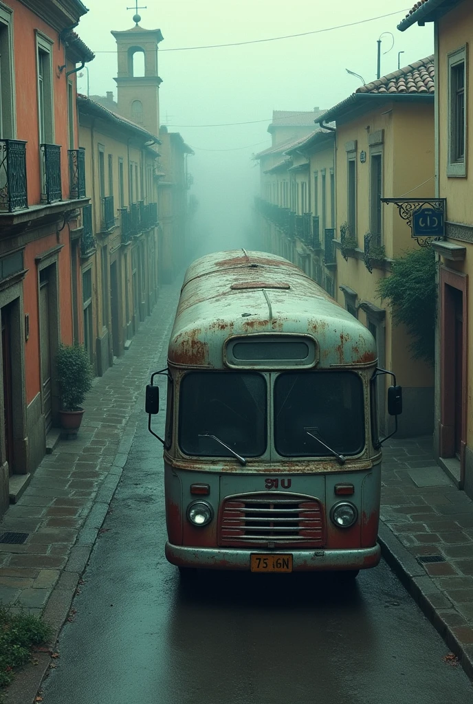 Bus with black windows. The Old Town, pastel shades, gloomy atmosphere, RAW photo, granularity, Bird's-eye