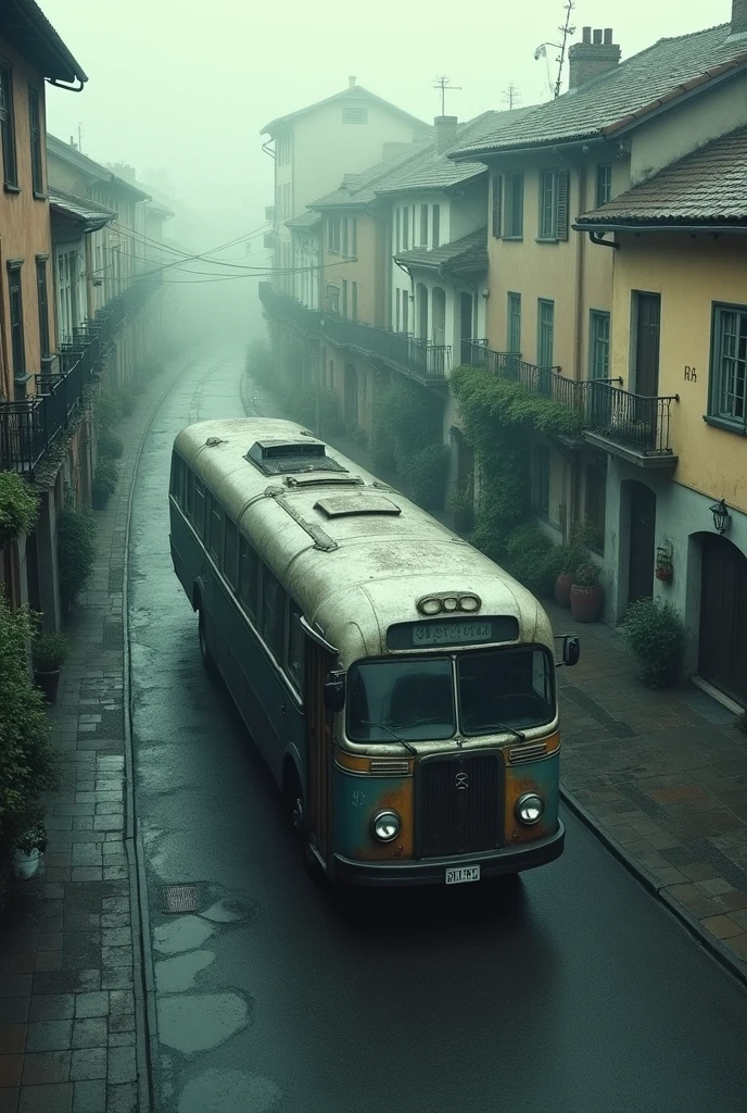 Bus with black windows. The Old Town, pastel shades, gloomy atmosphere, RAW photo, granularity, Bird's-eye