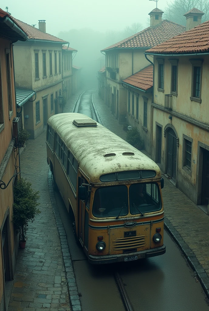 Bus with black windows. The Old Town, pastel shades, gloomy atmosphere, RAW photo, granularity, Bird's-eye