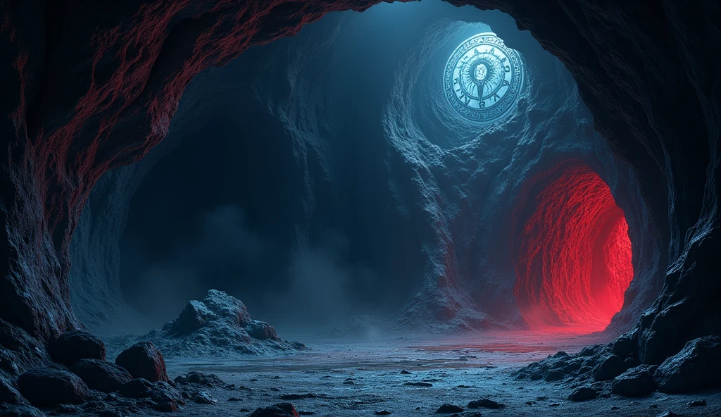 (masterpiece), (best quality), (The finest details), (General view from a distance), (Main colors: Dark Blue), (Secondary Color: Red), A cave with spells carved on it，unmanned，magnificent，dark，Red glow，Chamber of Secrets，Sacrifice，chain，night, shadow (detailed, Strong contrast)，