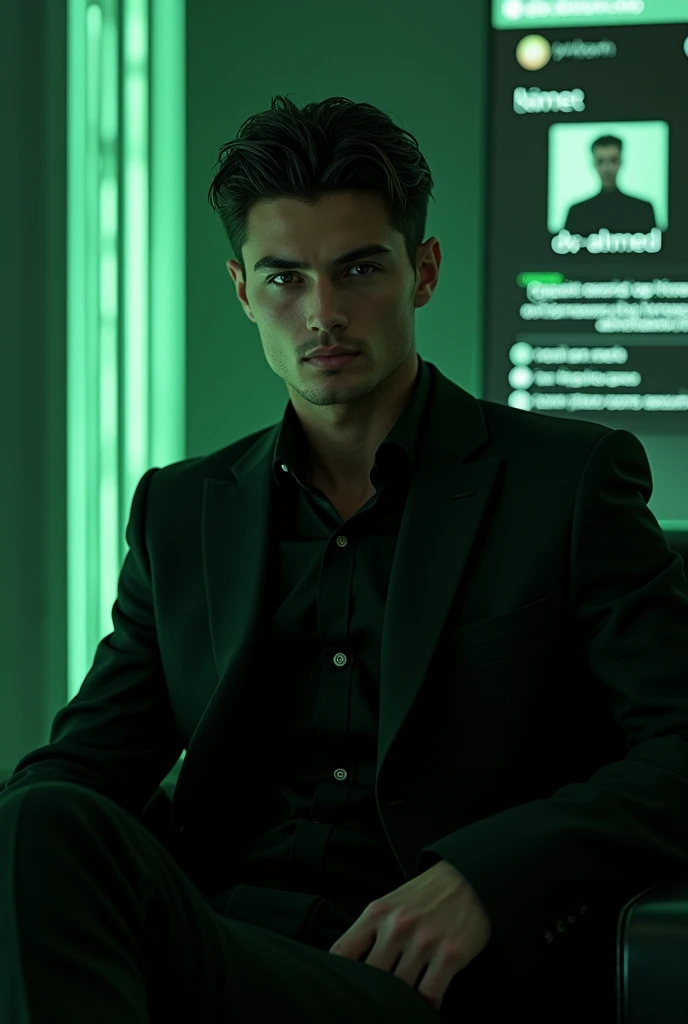 handsome boy setting on a "Matrix". wearing black suite. The background is mockup of his profile page with a profile name "Dx-Ahmed" and a profile picture. soft light reflection