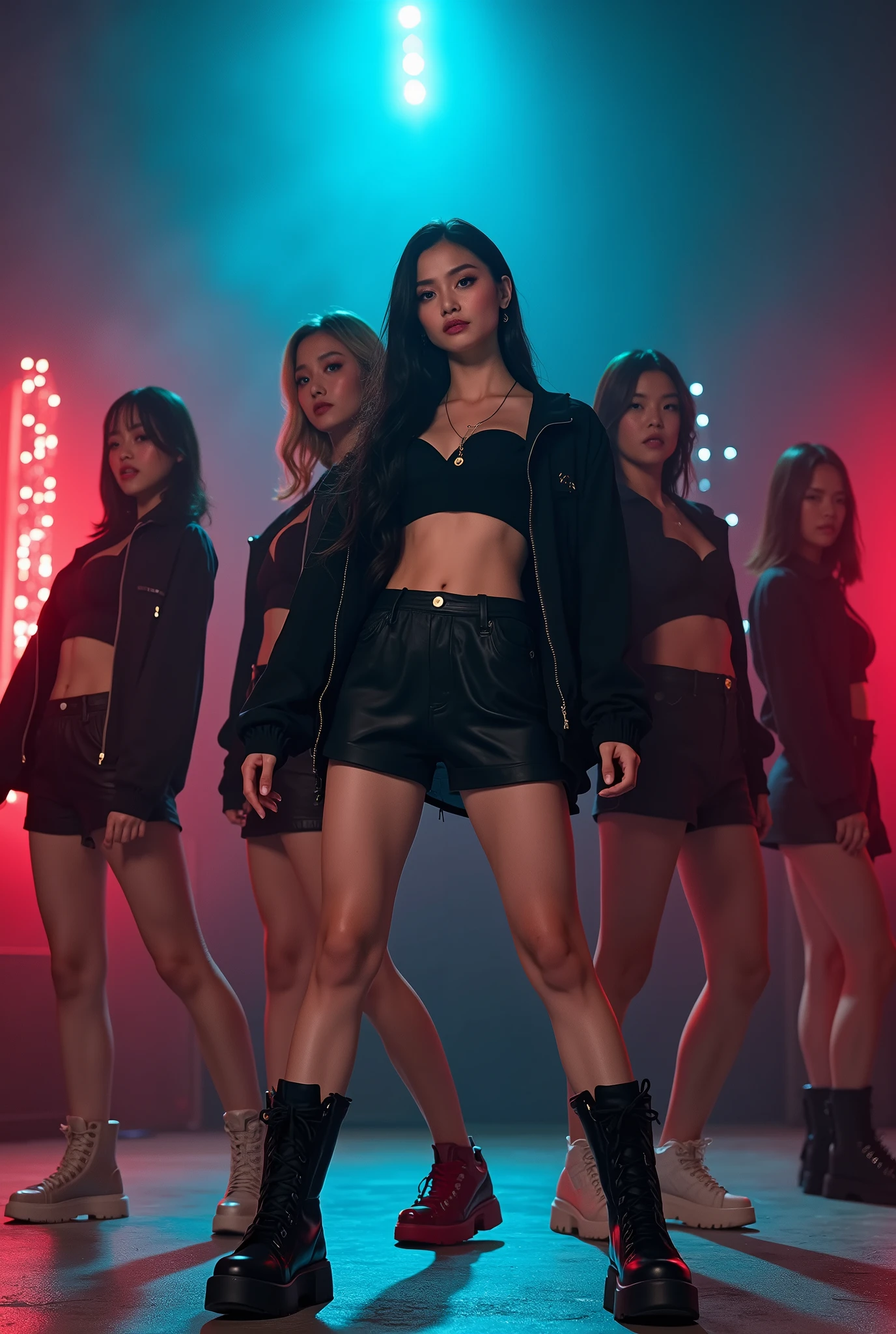 K-pop girl group 5 members hip hop concept dance 2 cute, Girl in two dark poses and one middle pose illusion of different
