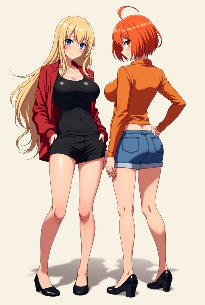 two anime girls, in a black shirt and red jacket in half open, in black Flats, black shorts, 1girl, solo, blonde hair, blue eyes, breasts, long hair, navel, smile, large breasts, midriff, looking at viewer, full body, 4k hd, big breasts, legs visible, tall, chubby girl, second girl, an anime girl, anime girl, cell shaded adult animation, shorts, orange hair, solo, short hair, smile, full body, 4k hd, legs visible, tall, blue shorts and an orange shirt, brown eyes, 1girl, in black Flats, 4k hd, big breasts, muscle girl, front position