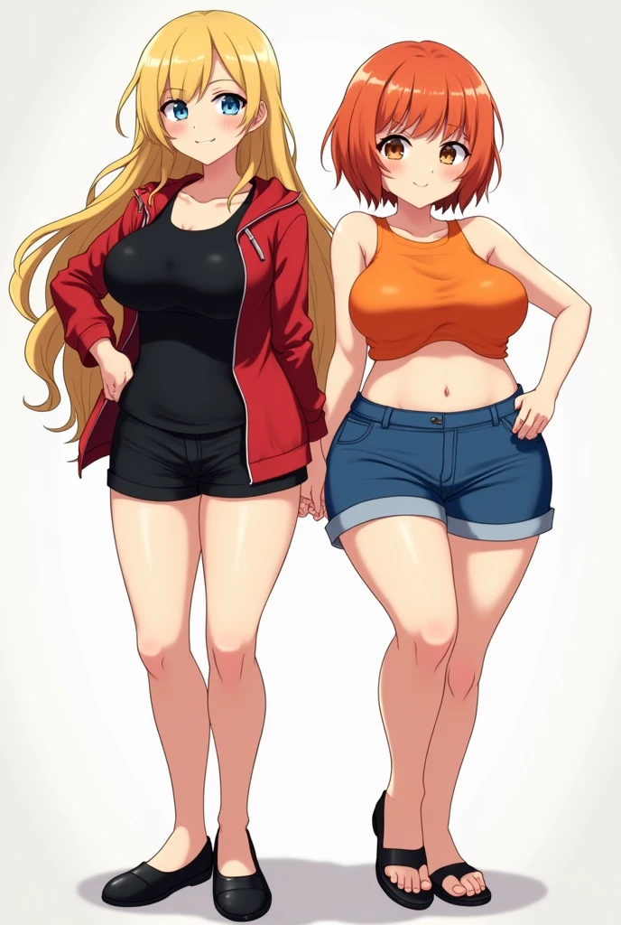 two anime girls, in a black shirt and red jacket in half open, in black Flats, black shorts, 1girl, solo, blonde hair, blue eyes, breasts, long hair, navel, smile, large breasts, midriff, looking at viewer, full body, 4k hd, big breasts, legs visible, tall, chubby girl, second girl, an anime girl, anime girl, cell shaded adult animation, shorts, orange hair, solo, short hair, smile, full body, 4k hd, legs visible, tall, blue shorts and an orange shirt, brown eyes, 1girl, in black Flats, 4k hd, big breasts, muscle girl, front position
