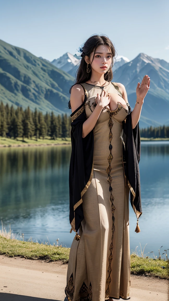 Female Apus in a Ritual to Honor the Mountains: Female Apus is depicted leading a sacred ritual at the foot of a mountain, her hands raised in prayer. Her dress is made of rich earth tones, with patterns of sacred symbols woven into the fabric. The mountains around her resonate with her chant, their presence magnified by her reverence. (having beautiful breasts: 1.33), (having clothes: 1.77).