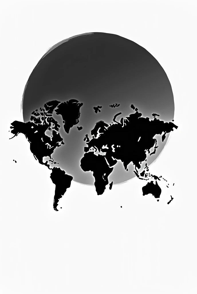 Generate realistic logo image stylized black and white world map with black hollow circle behind faded ink effect