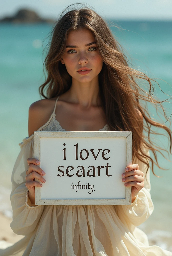 Beautiful girl with wavy long hair, bohemian dress, holding a white board with text "I Love Seaart Infinity" and showing it to the viewer