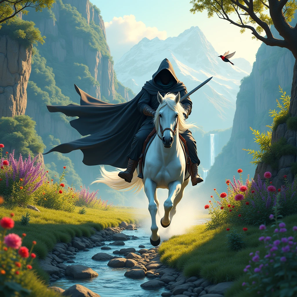 **Central Figure: Cabuliwala on a White Horse**
- **Positioning**: The Cabuliwala should be shown riding the pure white horse at full speed across the scene. The horse’s tail and mane should be flowing dynamically to emphasize the motion. The Cabuliwala's black cloak with white accents should be designed to flow naturally with the movement of the horse, making sure the head and face are entirely obscured by the hood. The sword should be prominently displayed, either in hand or sheathed at the side, to ensure it’s not missed in the image.
**Background Elements:**
- **Road**: Illustrate a narrow, uneven path with scattered stones or gravel to highlight the rugged terrain.
- **Vegetation**: Include trees with vibrant green leaves and a variety of blooming flowers in red, yellow, purple, and blue to create a rich and colorful backdrop.
- **Stream**: Show a clear stream with visible rocks underwater and gentle ripples to add a sense of tranquility.
- **Field**: The vast green field should have tall grass and wildflowers to enhance the sense of open space.
- **Mountains and Waterfall**: Depict majestic mountains with a cascading waterfall, emphasizing the dynamic movement of the water and a misty base for depth.
**Additional Details:**
- **Birds**: Add small, colorful lovebirds either flying or perched on branches to add liveliness.
- **Lighting and Atmosphere**: Use soft, golden light to create a serene, magical atmosphere. Shadows should enhance the depth of the scene.
- **Color Palette**: Ensure a harmonious color scheme with high contrast between the black and white cloak of the Cabuliwala and the vibrant colors of the background.
**Special Note**: Make sure the horse is shown galloping through the field with its tail and mane dramatically flowing in the wind. The Cabuliwala's cloak should flow in harmony with the horse’s movement. The sword should be clearly visible, ensuring it stands out against the dynamic background.