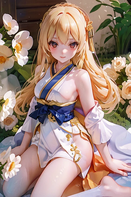((masterpiece、highest quality、highest quality、An illustration、Intricate details))、girl 、Outdoor、Ride the Dragon、golden knight、Golden Dragon、Final Fantasy、Long blonde、peace、Golden Aura、Beauty、Adult、Open chest、Bare thighs、Cape、pterosaur、Healing、blue sky、Long-sleeved kimono