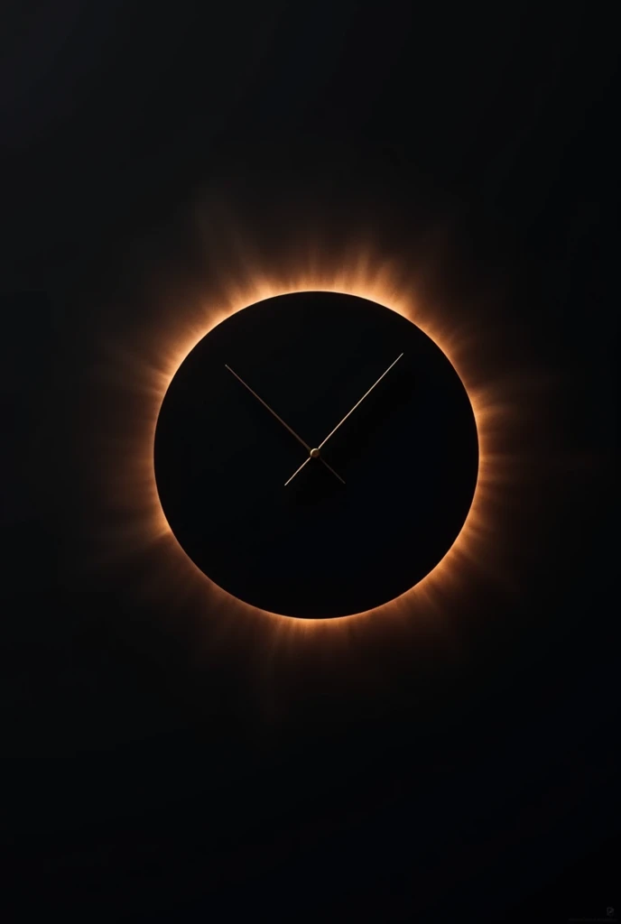 A circular clock face that resembles an eclipse, with a dark, almost black disk at the center and a thin, glowing ring of light outlining it. The clock hands are slender and subtle, almost blending into the darkness. This design is both mysterious and elegant, capturing the essence of time in a celestial form