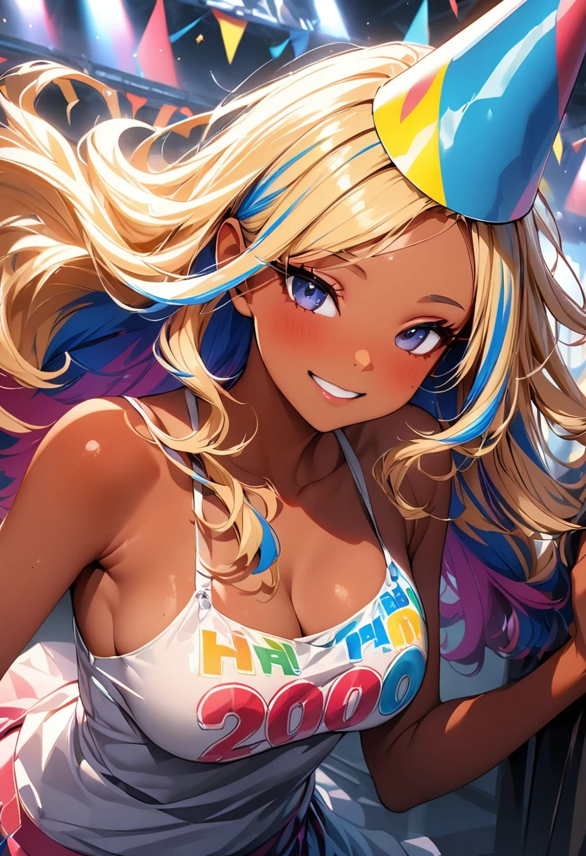 (highest quality:1.2, Very detailed, up to date, Vibrant, Ultra-high resolution, High Contrast, masterpiece:1.2, highest quality, Best aesthetics), Portraiture、girl、slim:1, Bright colors、Beautiful fine details、Beautiful lip detail、long hair, ((wavy hair:0.4))、messy hair, blonde and blue ((streaked hair:1.3)), highlights hair: 1.3, (medium breast:1), (tan skin:1.3), standing in party venue, holding big hand held sign (says "2000"\), colorful conical party hat, (happy:1)