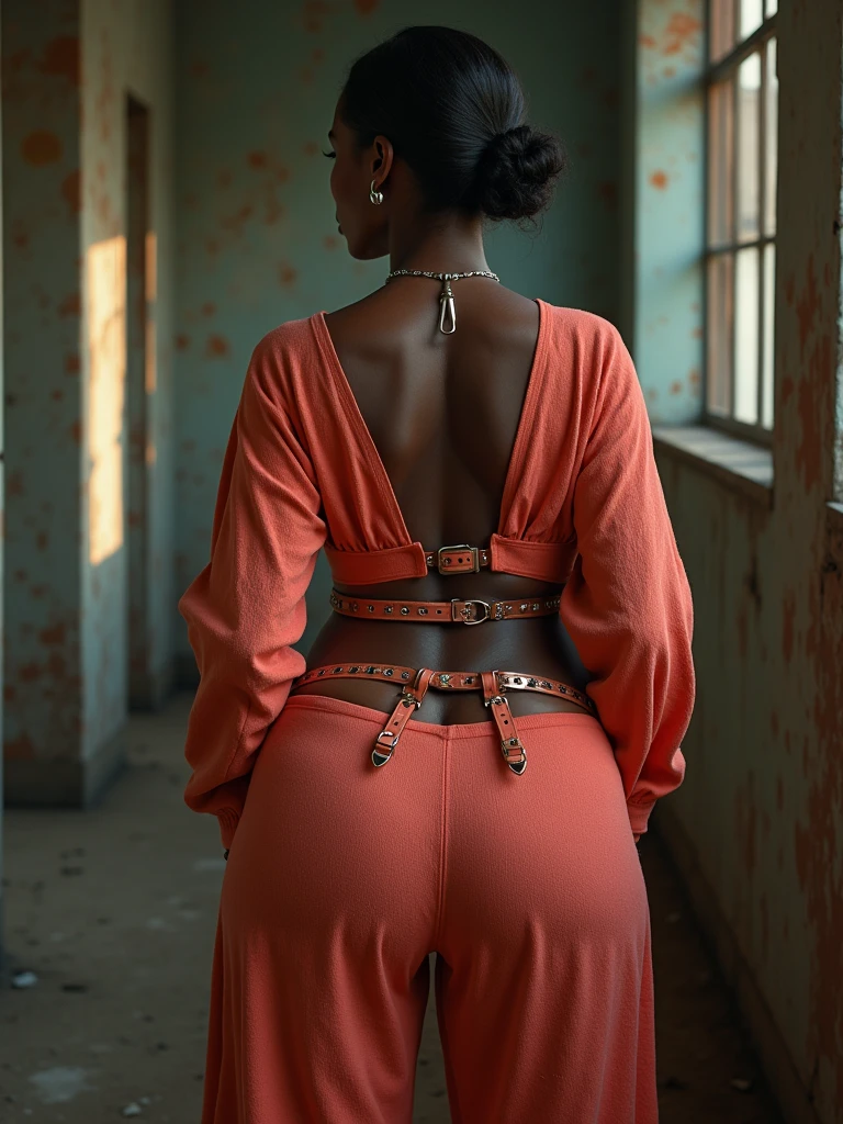 HUGE ASS, extreme protrusion, ultra photo-realistic skin, MASSIVE SUPERIOR HUGE ASS, dark skin: dark melanin Women, most wide trapezoidal pelvis: widespread hips: tiny waist, UHD, Protruding Ass paired with slender stomach ting waist, long sweater: belts clasps buckles in the minute details, post apocalyptic rooms, subject poses from the front side, intense attention to details, intricate beautiful details, linen apparel, fine details, metallic long fabric, Synthwave, front side, Womanly, dark coral 🪸 scheme, eloquene bathed in elegance, no nsfw