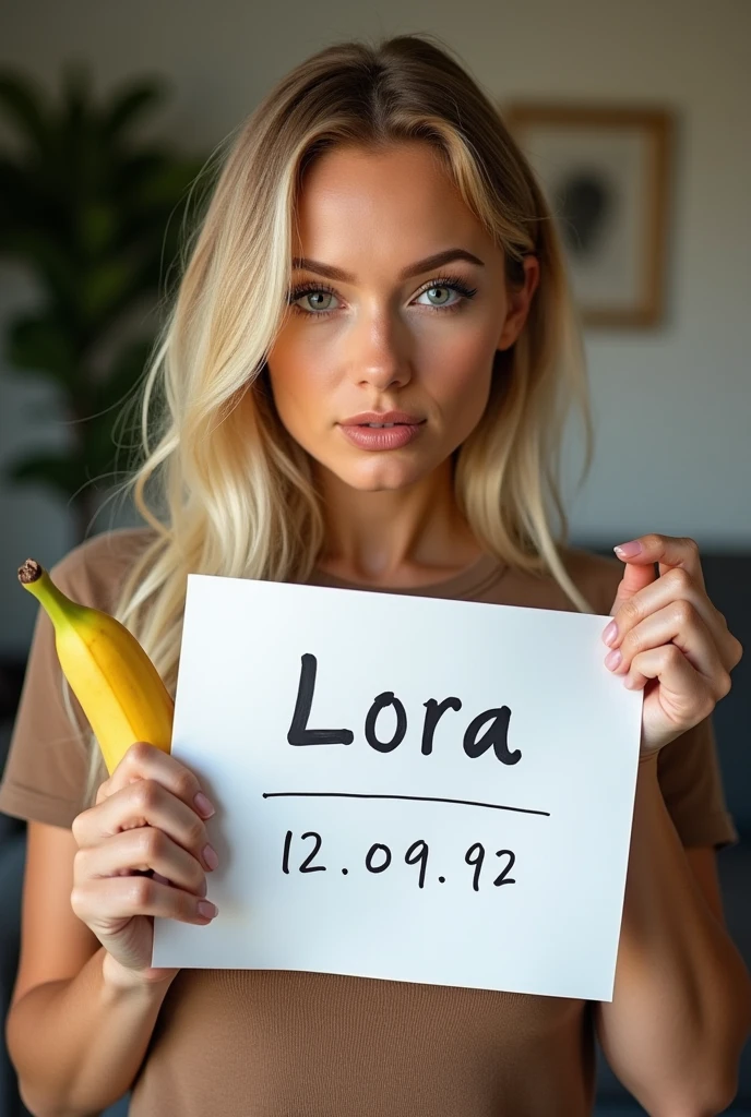 create an influencer,blonde hair,Scandinavian,light eyes,light brown skin,holds up a verification sign that says lora which is handwritten(with a ballpoint pen(12.09.92), in her living room,banana in hand,