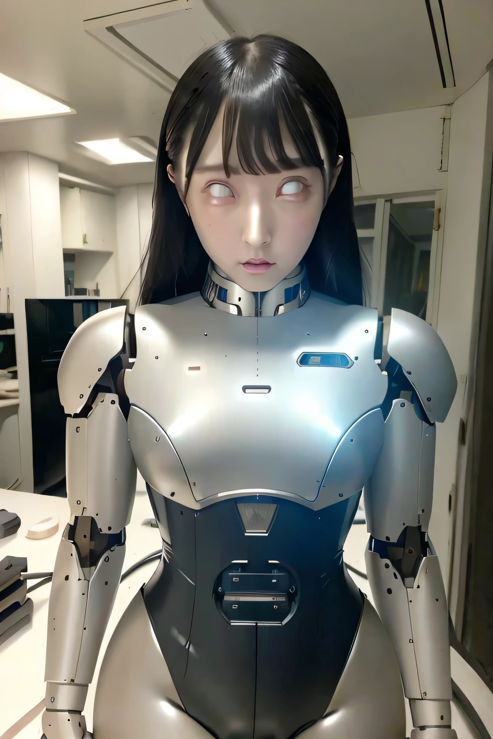 masterpiece, best quality, extremely detailed,  Japaese Cyborg girl,Plump , control panels,android,Droid,Mechanical Hand, Robot arms and legs, Black Robot Parts,Black hair,Mechanical body,Blunt bangs,White robotics parts,perfect robot girl,future information counter,reception,long tube,thick cable connected her neck,ceramic body ,mechanical body,mechanical costume,android,robot,humanoid,cyborg,information office,japanese android receptionist ,mechanical chest,blue eyes,office-lady,whiteeyes