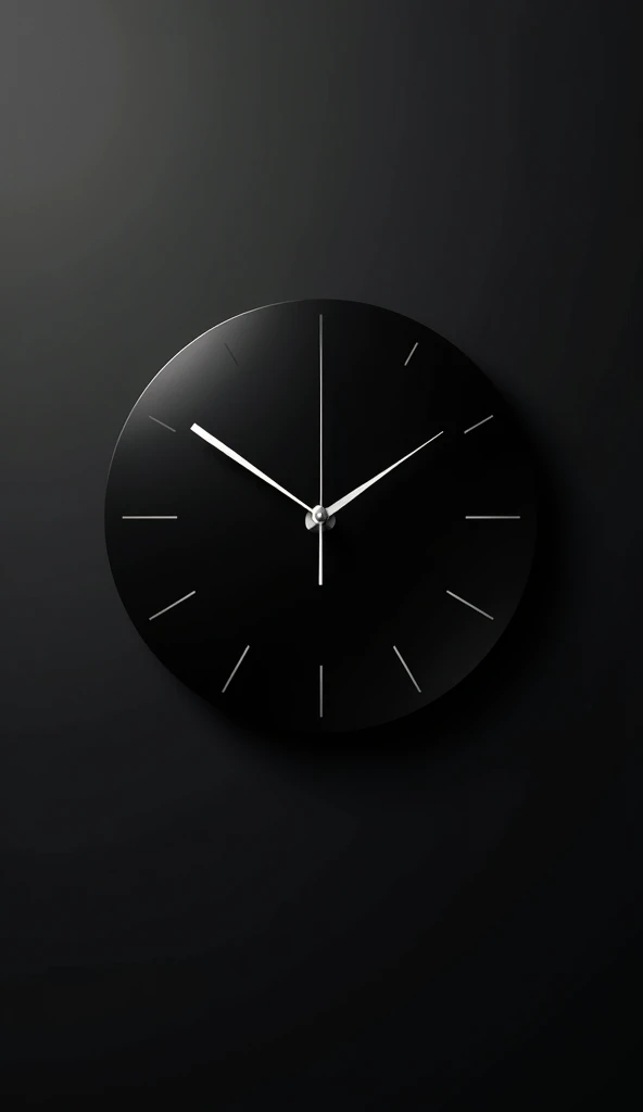 A sleek, minimalist clock with thin, silver hands and simple tick marks for hours. The clock face is set against a deep, matte black background. The overall design is understated, with a focus on elegance and simplicity, evoking the quiet passage of time in the stillness of night.