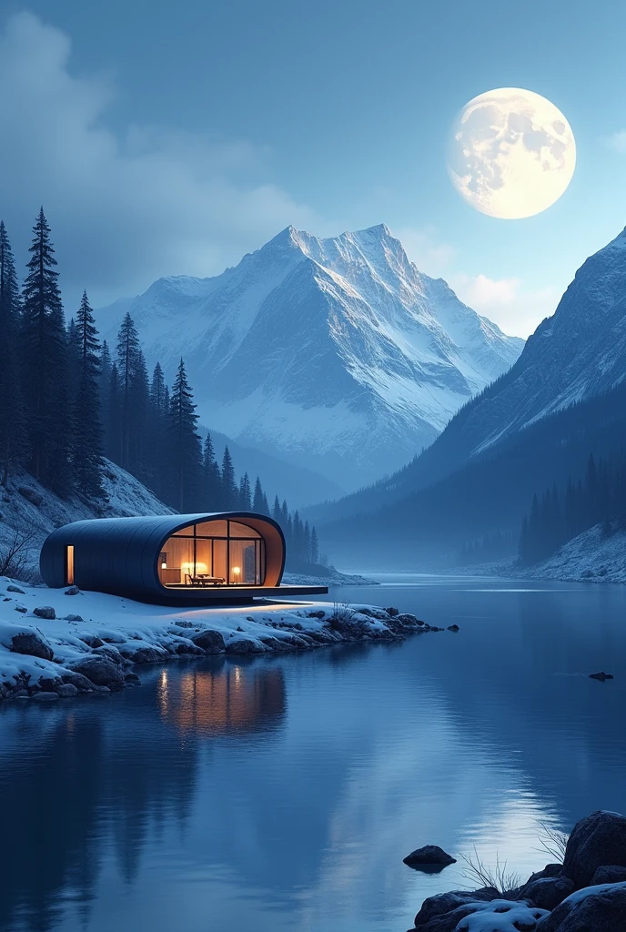 A house beside a river surrounded by snowy mountains and modern look cylindric shape of house night time moon reflection on the river made by adobe illustrator beginner photo