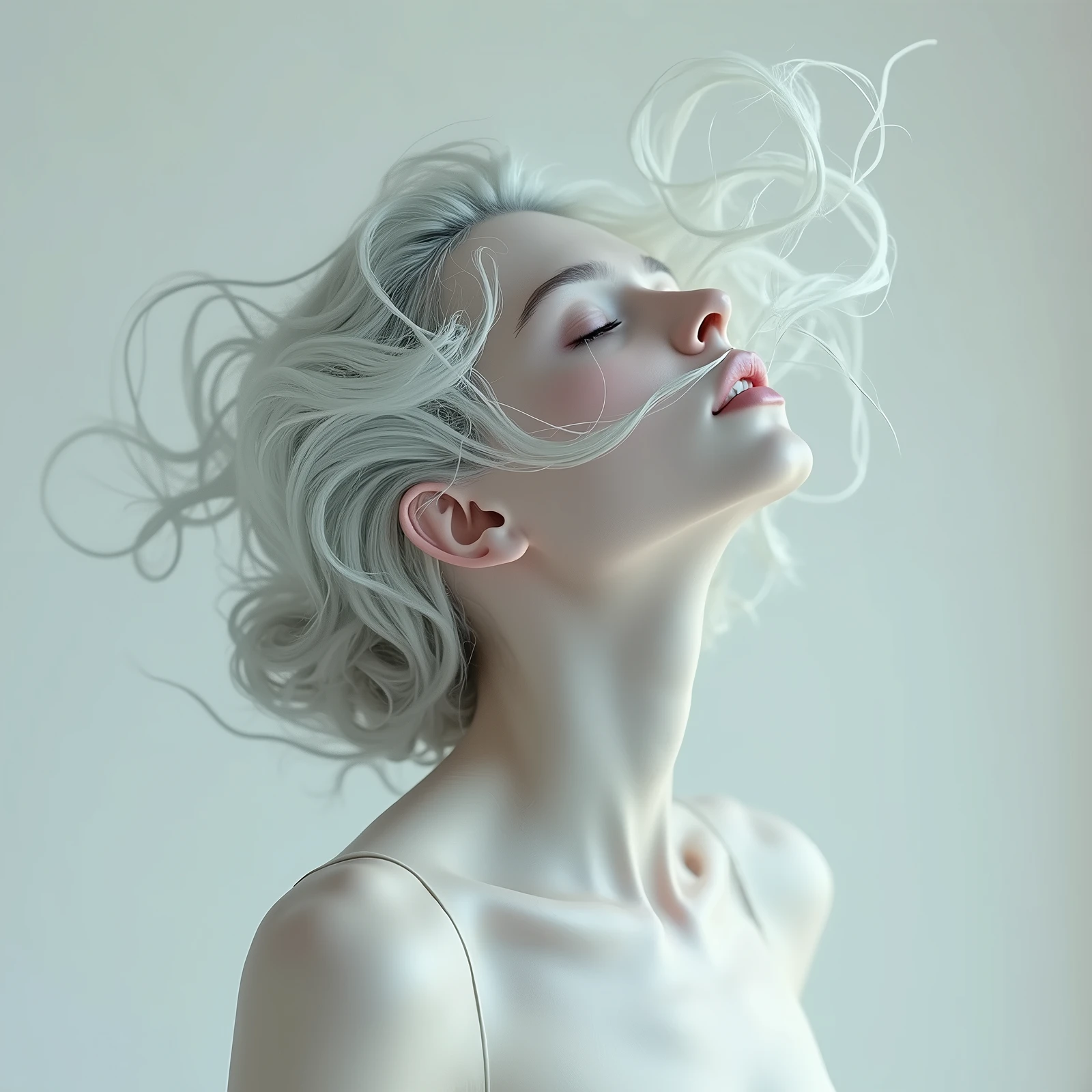 depict a surreal portrait of a woman, her head dramatically titled back against a stark white background, her hair and features should be exaggerated with smooth, flowing lines and her skin should have an ethereal glow, use a palette of pastel shades to create a serene and otherworldly atmosphere, photorealistic, 4K UHD, rich detailing --ar 9:16 --style raw --v 6.1