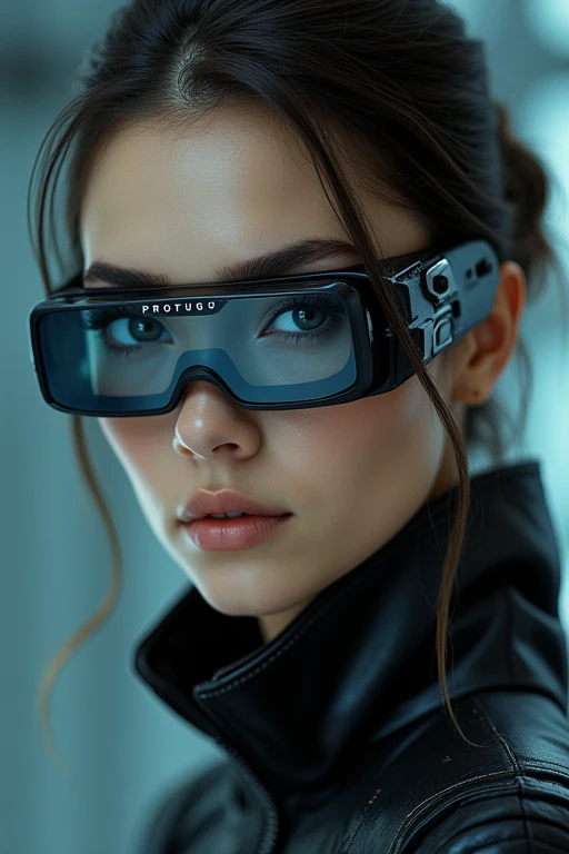 (facial portrait:1.2), A woman (amber listened), Futuristic glasses with the word Profugo.