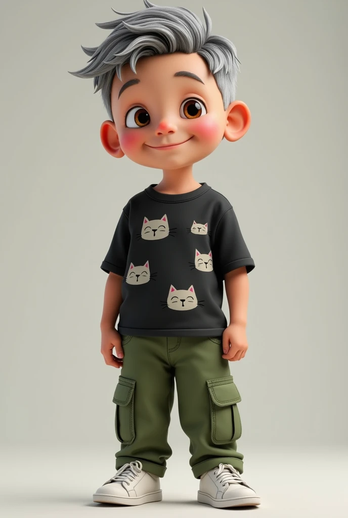 (Photorealism:1.2), image of a smiling gray-haired boy wearing a black shirt with a cat pattern. Green cargo pants, white shoes