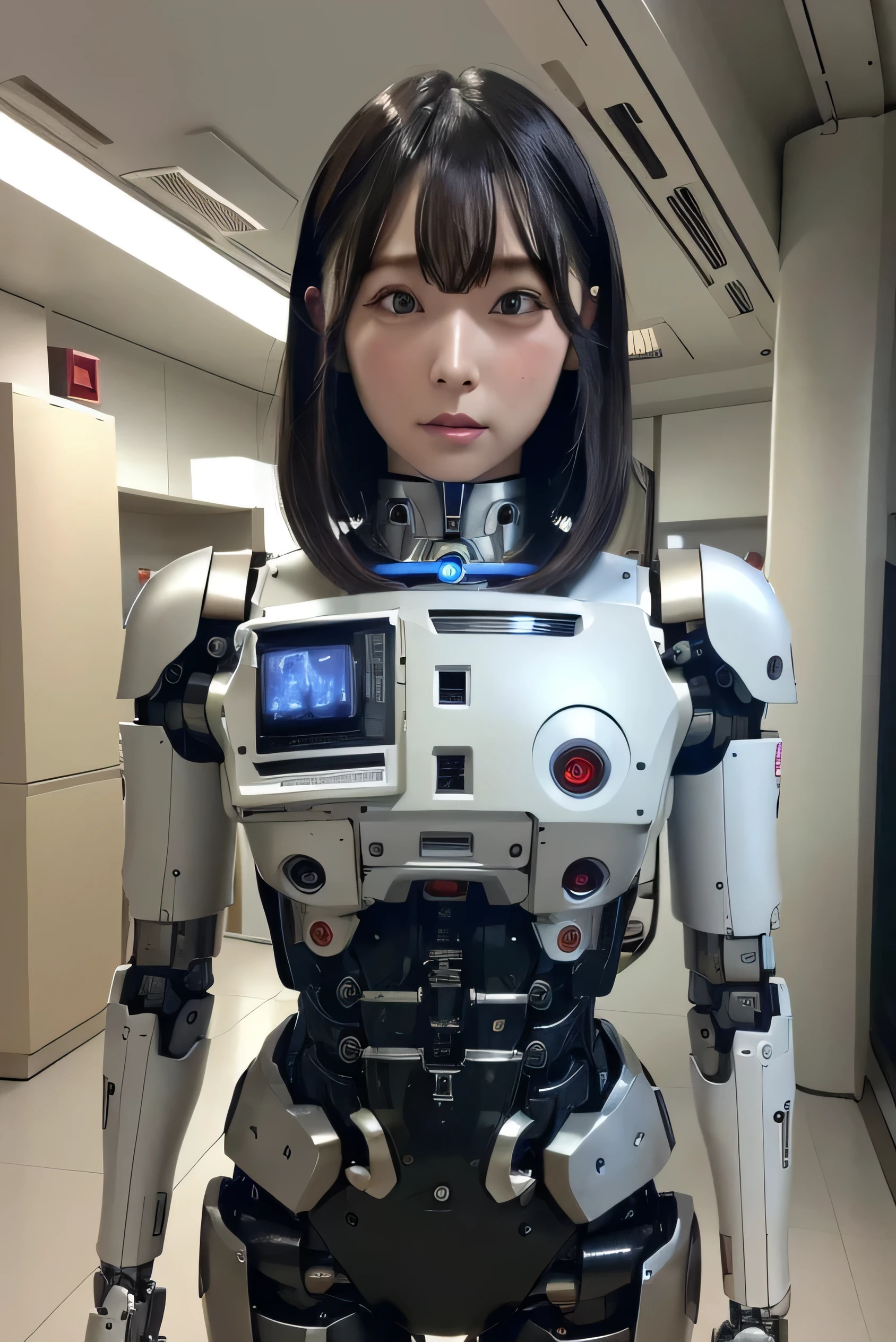 masterpiece, best quality, extremely detailed, Japaese Cyborg girl,Plump , control panels,android,Droid,Mechanical Hand, Robot arms and legs, Black Robot Parts,Black hair,Mechanical body,Blunt bangs,White robotics parts,perfect robot girl,future information counter,reception,long tube,thick cable connected her neck,ceramic body ,mechanical body,mechanical costume,android,robot,humanoid,cyborg,information office,japanese android receptionist ,mechanical chest,blue eyes,office-lady