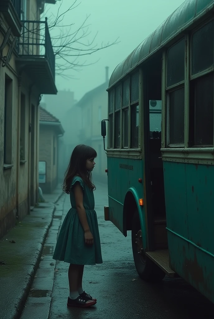 Girl gets on a bus with black windows. The Old Town, pastel shades, gloomy atmosphere, RAW photo, granularity, Bird's-eye