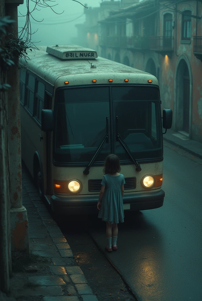 Girl gets on a bus with black windows. The Old Town, pastel shades, gloomy atmosphere, RAW photo, granularity, Bird&#39;s-eye