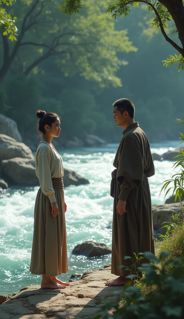 Scene: A riverbank with rushing water. A young woman in distress stands near the edge, looking worried.
Character Description: The young woman, dressed in simple village clothes, appears anxious about crossing the river. The monk approaches her calmly.
"