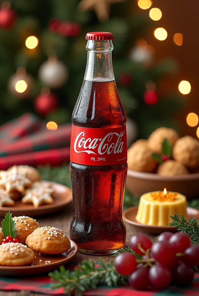 For a Christmas image that includes a very cold Coca-Cola with ice cubes and various traditional foods, Imagine a festive table decorated with Christmas decorations. In the middle, Place a bottle of cold Coca-Cola next to a plate full of decorated Christmas cookies, golden fritters, creamy custard, and Colombian tamales wrapped in banana leaves. Add a bowl of fresh grapes and decorate the table with a festive blanket and Christmas lights to capture the cheerful and welcoming spirit of the season..