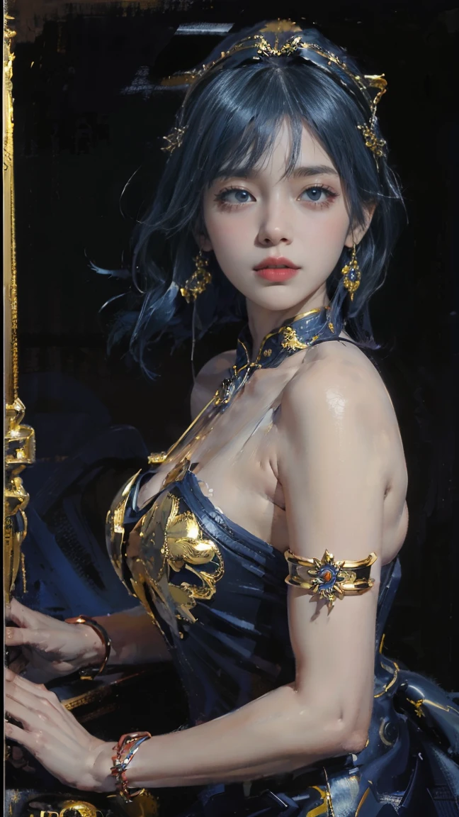 (from sport car :1.5)，Oil painting style,The girl is on the other side,,Gold headdress，(Blue medium hair:1.2)，Late Night,(Blue cheongsam:1.2),(Metal:1.2),(Fat Face:1.2),(Upper body:1.),(Blue armlet:1.1),Crimson lips,With bang