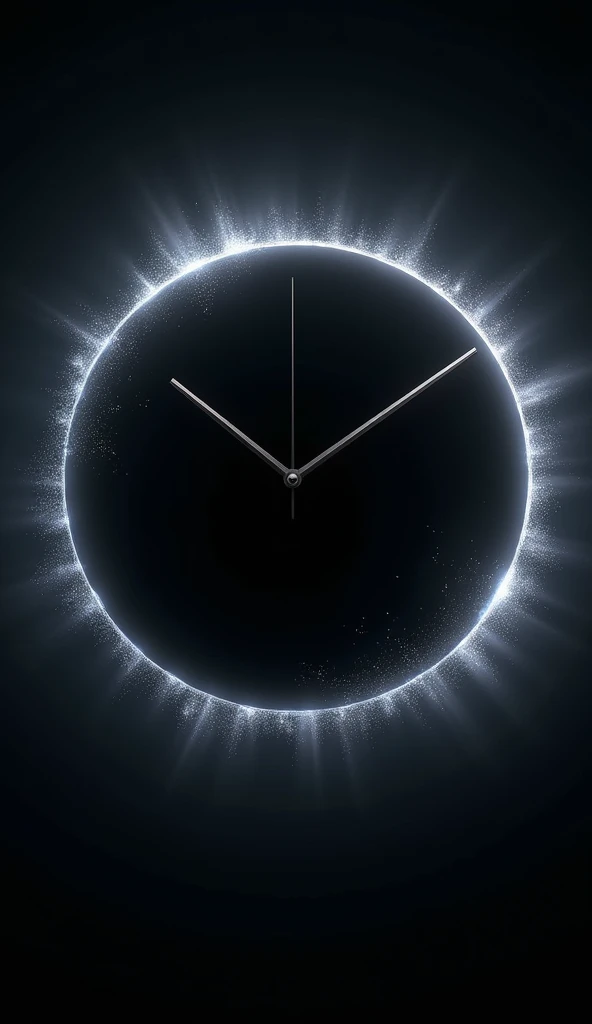 A circular clock face that resembles an eclipse, with a dark, almost black disk at the center and a thin, glowing ring of light outlining it. The clock hands are slender and subtle, almost blending into the darkness. This design is both mysterious and elegant, capturing the essence of time in a celestial form.