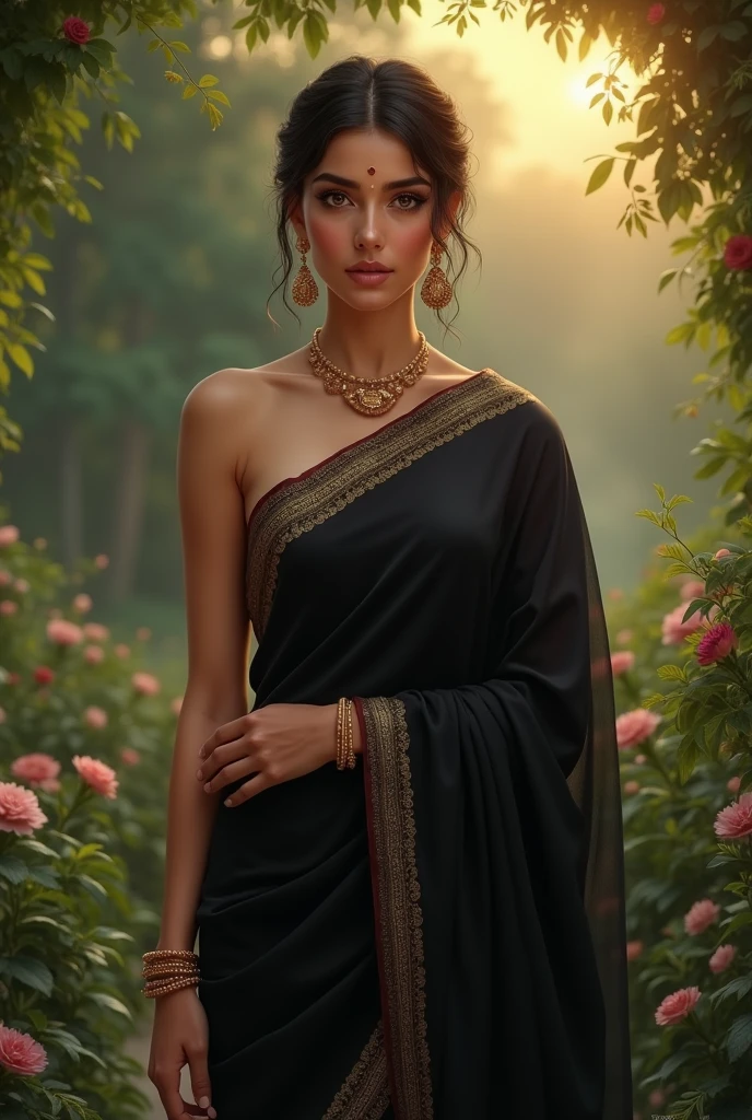 Create a realistic girl his wearing a Indian saree black colour his eye look beautiful and body posture stand in his hand wearing a braslet s name letter and background garden timing evening very beautiful looking
