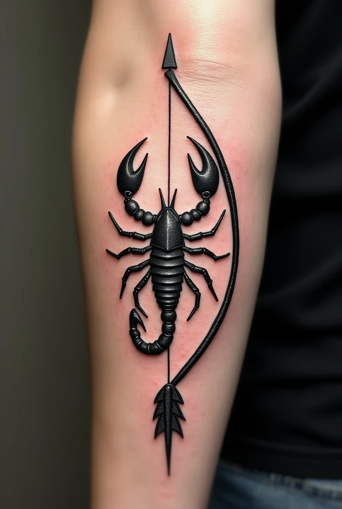 A small tattoo on the arm with:
-a bow and arrow with a scorpion in the middle 

